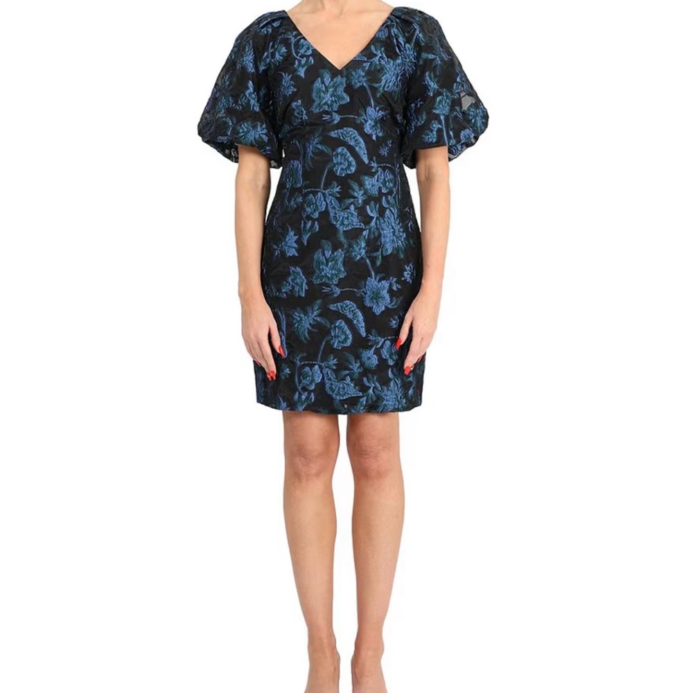 Adelyn Rae Floral Print Jacquard V-Neck Puff Sleeve Sheath Dress